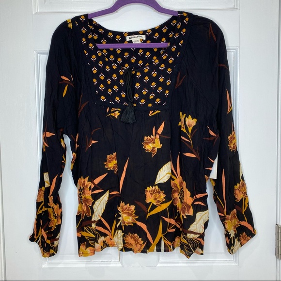 Billabong Tops - SOLD🖤Billabong Ella Bella Black & Orange Floral Fall Peasant Top Small New